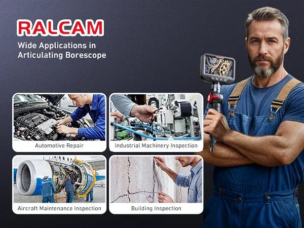 Ralcām articulating borescope uses in automotive repair, industrial machinery, aircraft, and building inspection