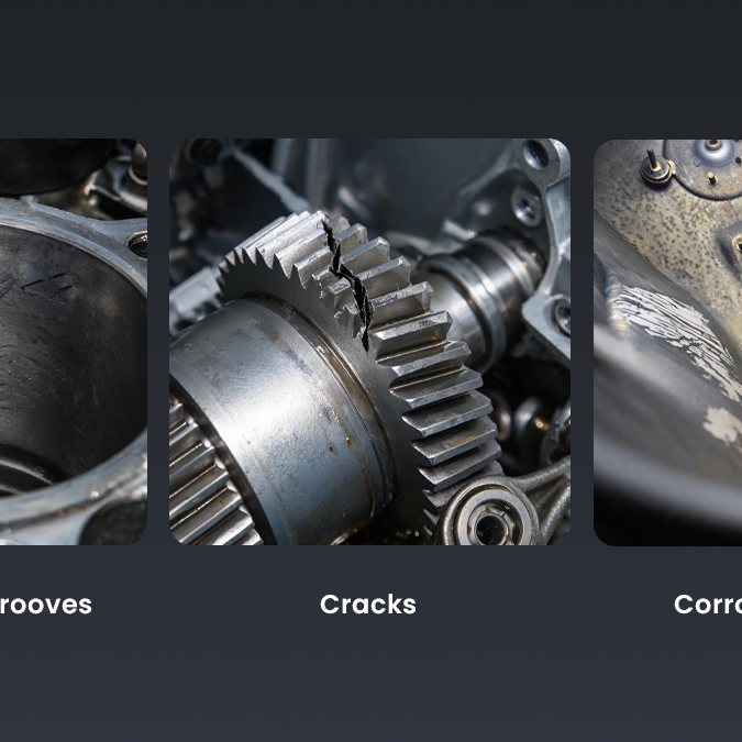 Borescope inspection images showing cylinder wall scoring, carbon buildup, cracks, and corrosion
