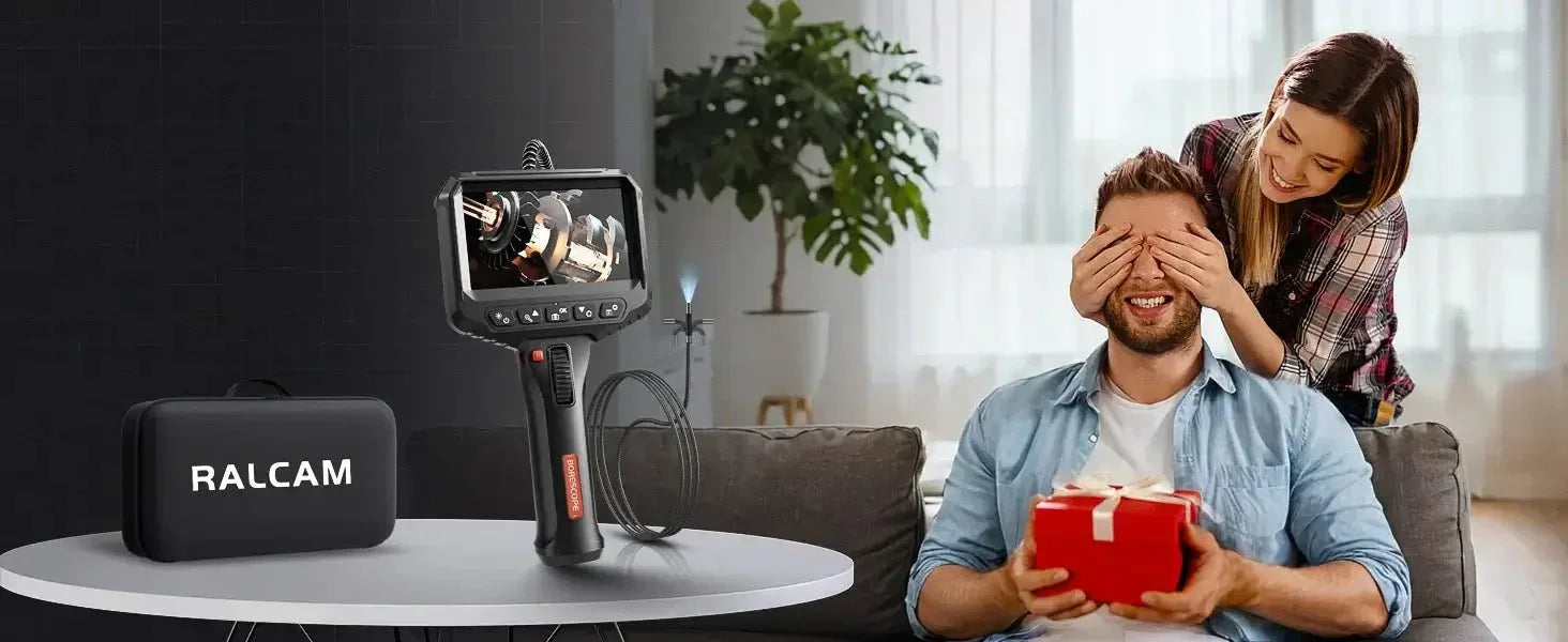 Caller inspection camera with monitor on table, carrying case, and couple at home with gift box