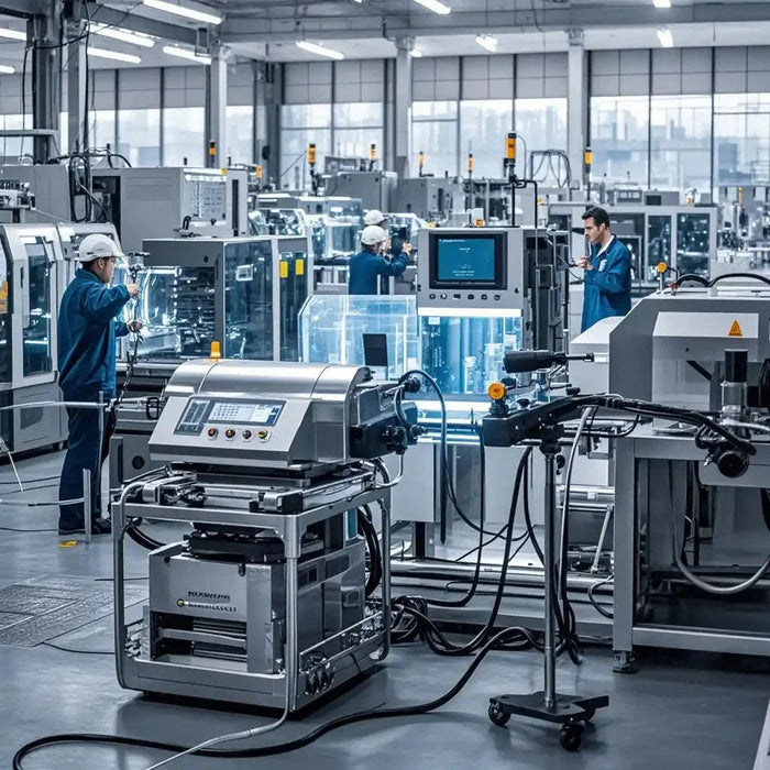 Modern electronics manufacturing factory with automated machinery and technicians in safety helmets
