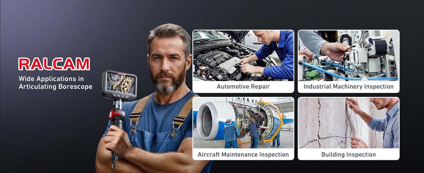 Man holding Ralcams articulating borescope with images of automotive, industrial, aircraft, and building inspections