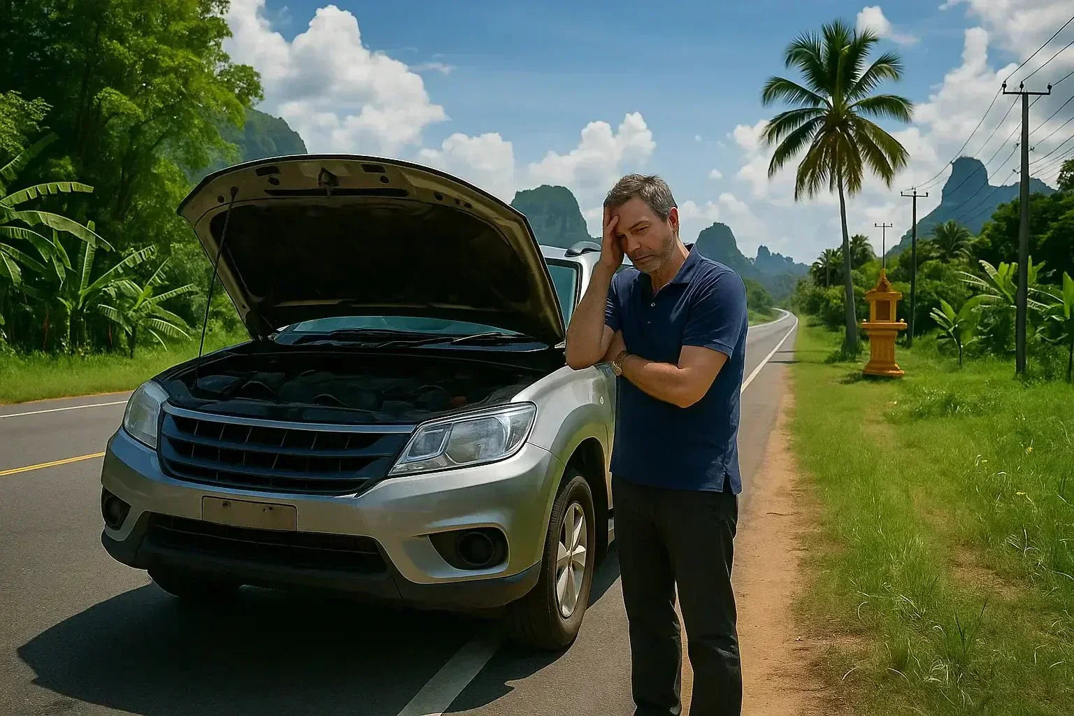 Mechanic using endoscope for roadside vehicle engine inspection