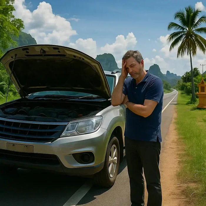 Mechanic using endoscope for roadside vehicle engine inspection