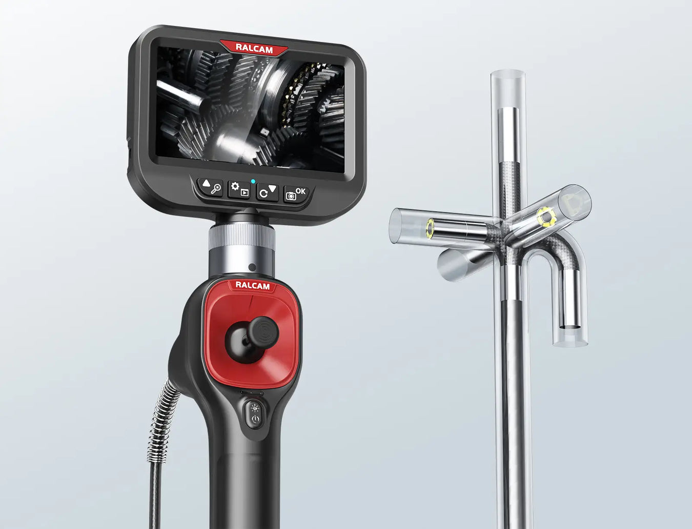 RALCAM 4-way borescope with flexible inspection camera showing gear mechanisms on screen