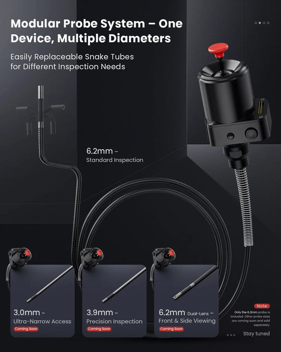M506 Modular Borescope with Interchangeable Probes — 4-Way 360° Articulating, 5" HD Display, 6.2mm Camera