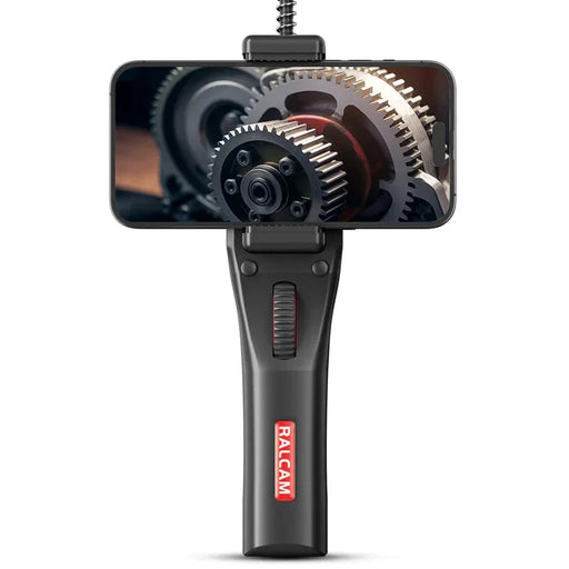 Ralcam C106 USB endoscope showing screen, controls, and flexible probe, professional automotive and pipe inspection tool
