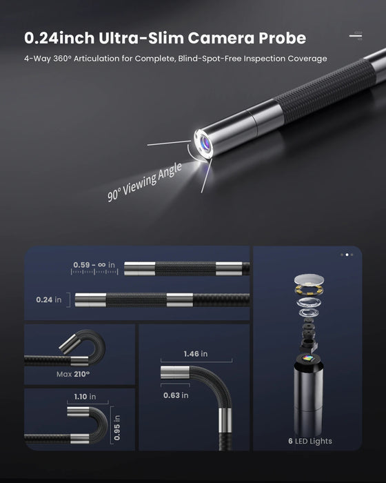 0.24 inch ultra-slim camera probe specs: 90° viewing angle, 210° max bend, 6 LED lights, 4-way 360° articulation