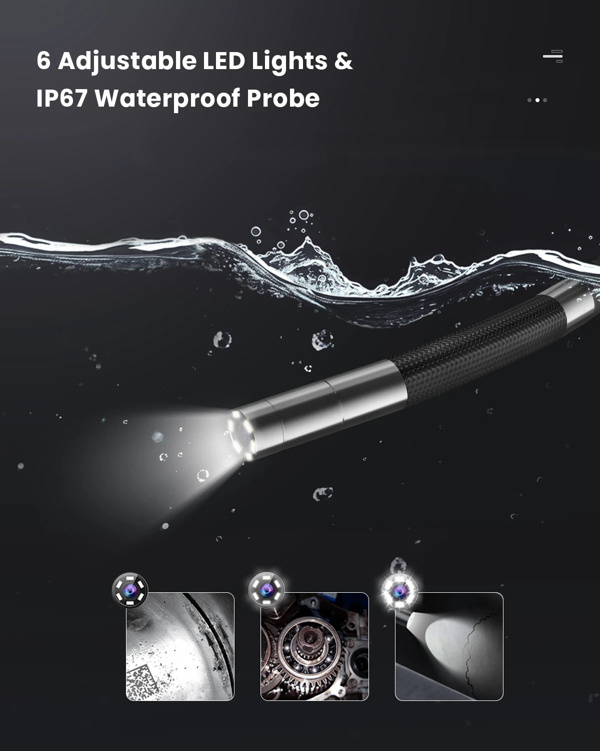 Borescope probe tip with 6 adjustable LED lights and IP67 waterproof rating, shown with sample inspection images