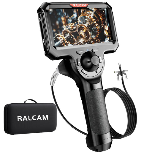 RALCAM industrial inspection camera with flexible probe and carrying case showing gear mechanism on display