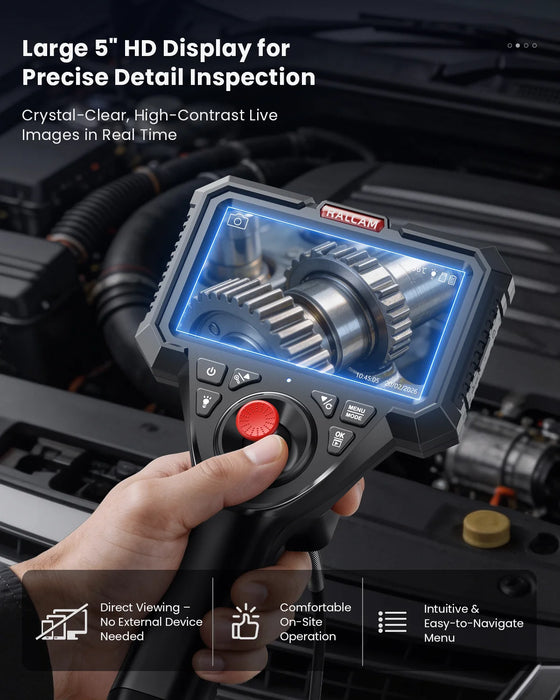 M506 Modular Borescope with Interchangeable Probes — 4-Way 360° Articulating, 5" HD Display, 6.2mm Camera