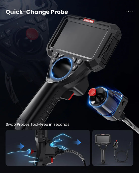 M506 Modular Borescope with Interchangeable Probes — 4-Way 360° Articulating, 5" HD Display, 6.2mm Camera