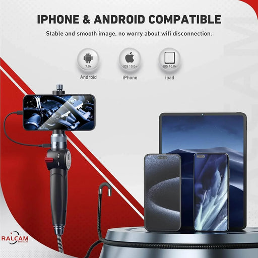 Ralcam H406A iPhone borescope showing screen, controls, and flexible probe, professional tool for engine diagnostics