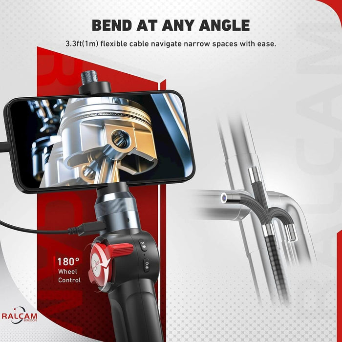 Ralcam H406A iPhone borescope articulating probe close-up showing 2-way steering for precise engine and confined space inspection