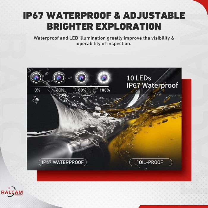 Ralcam H406A iPhone borescope demonstrating IP67 waterproof and oilproof protection, safe for engine and confined space inspections