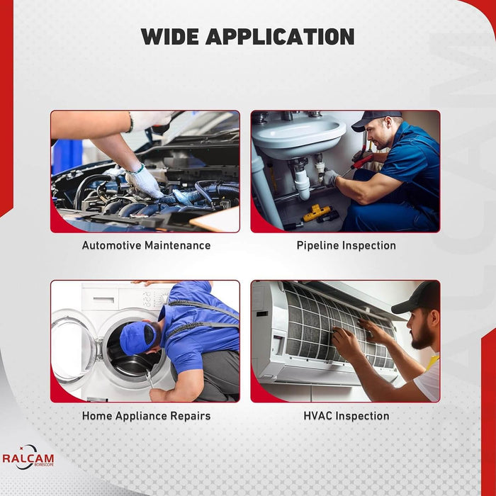 Ralcam H406A iPhone borescope in use inspecting engine components and pipe interiors, demonstrating flexible probe access for hidden spaces