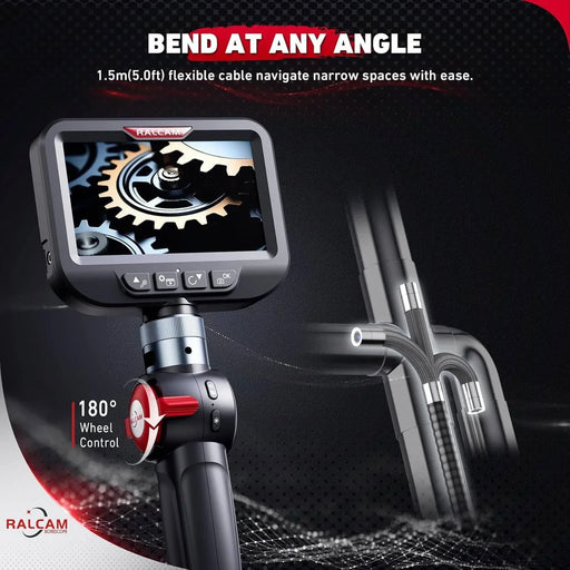 Ralcam H406B engine borescope showing screen, controls, and flexible probe, professional tool for engine diagnostics