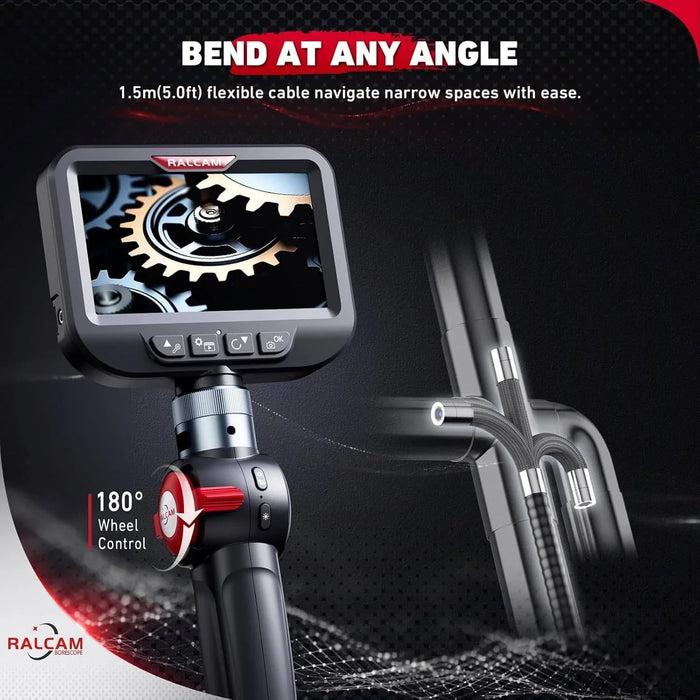 Ralcam H406B engine borescope showing screen, controls, and flexible probe, professional tool for engine diagnostics